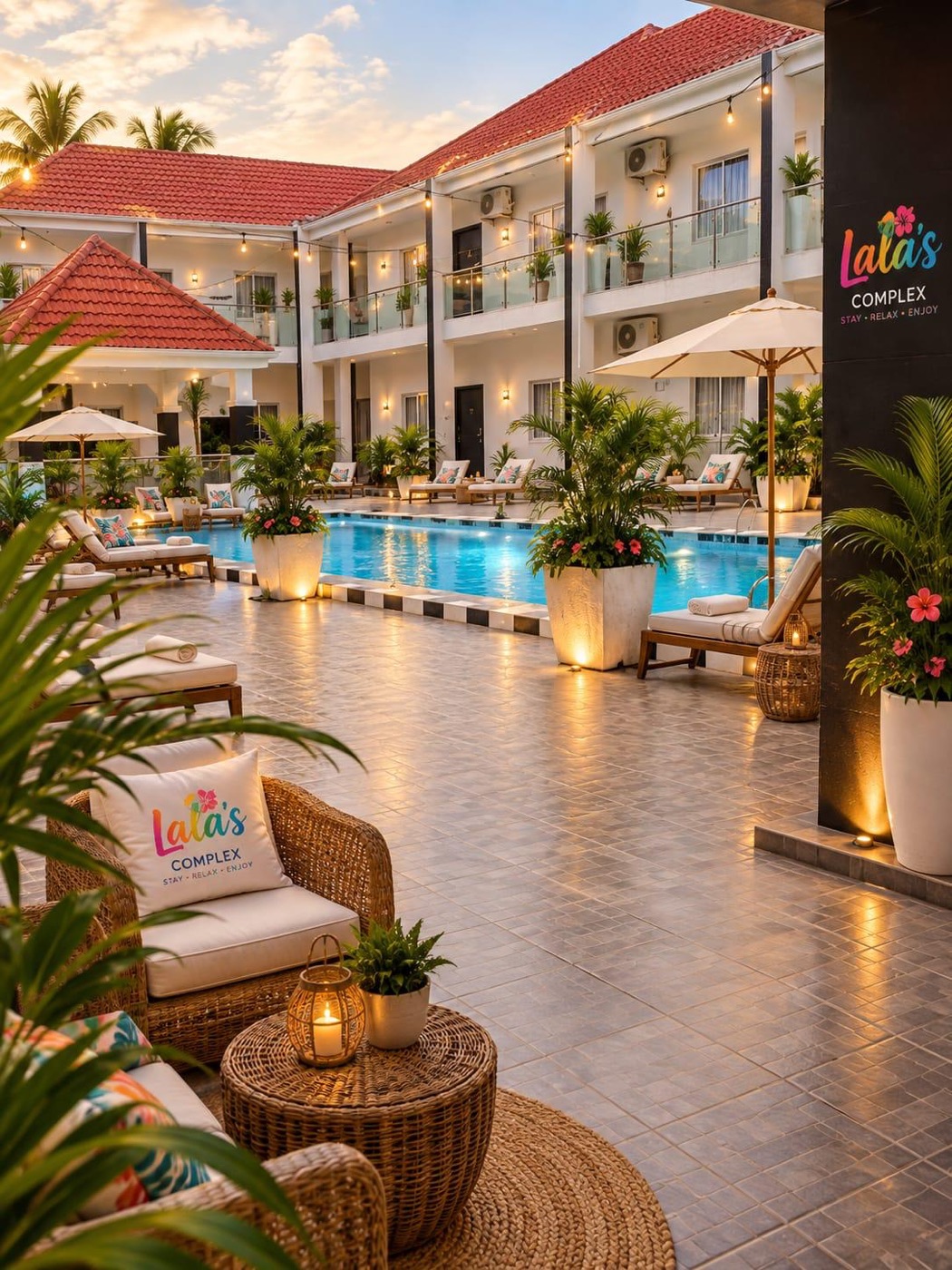 Lala's Complex pool and apartment courtyard in Brufut