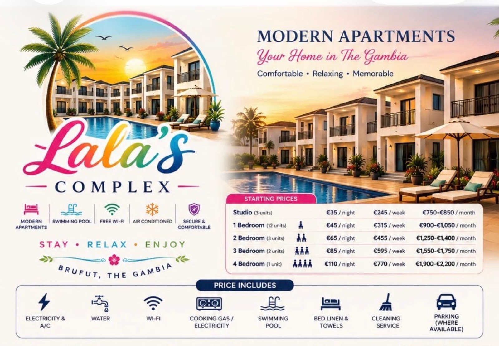Lala's Complex apartment prices and included amenities brochure